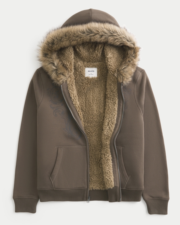 新品　Hollister ジップアップパーカー　ファー付き　Ｍサイズ メンズ フェイクファー裏地付き グラフィック ジップアップフーディー
