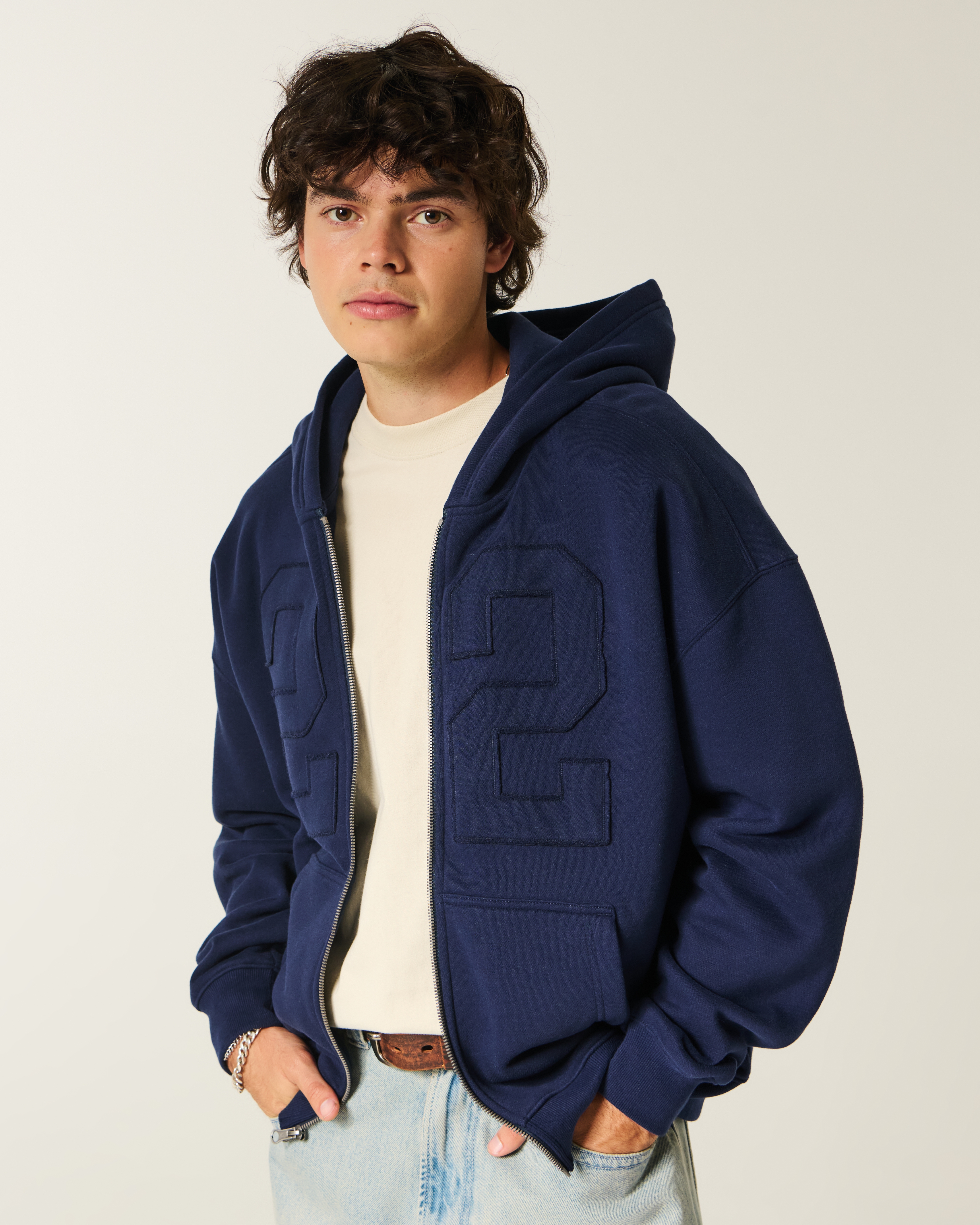Boxy Zip-Up Number Graphic Hoodie