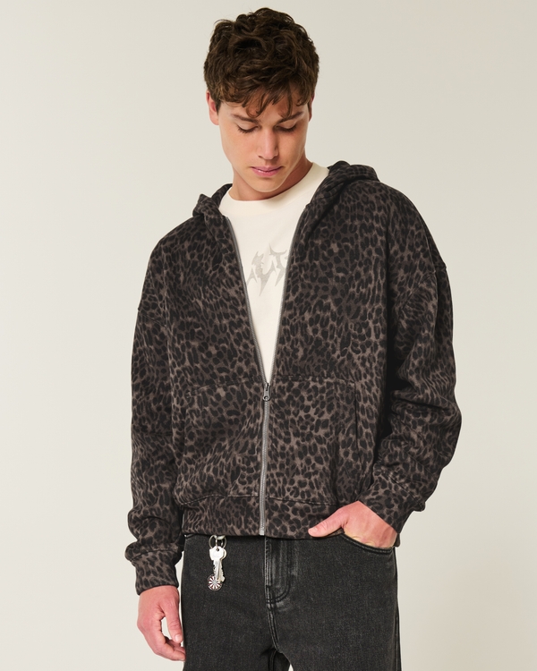 Boxy Zip-Up Leopard Print Hoodie, Dark Brown Print view 2