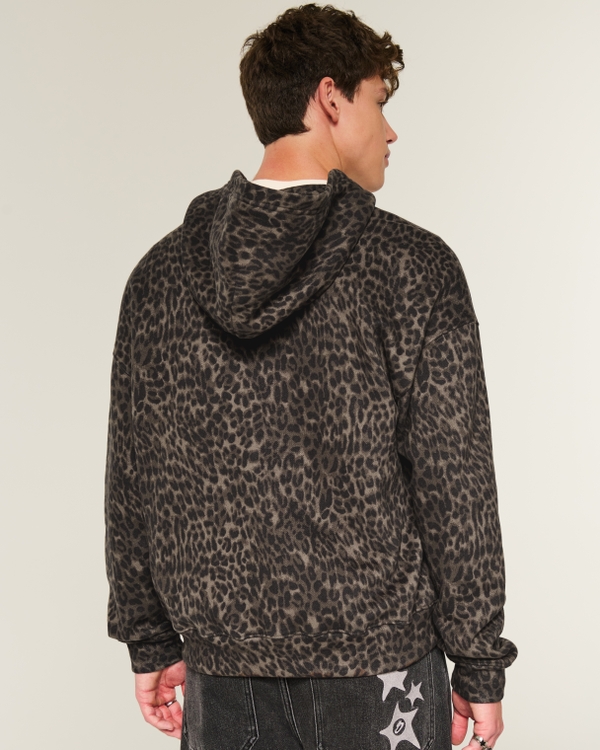 Boxy Zip-Up Leopard Print Hoodie