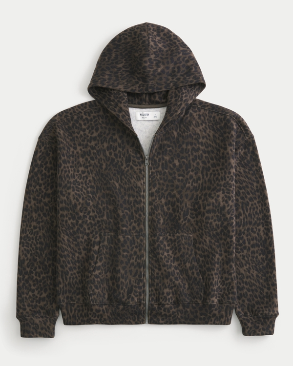 Boxy Zip-Up Leopard Print Hoodie, Dark Brown Print view 1
