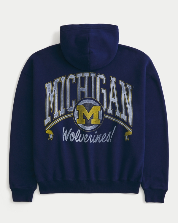 Boxy Zip-Up University of Michigan Wolverines Graphic Hoodie, Deep Navy view 1