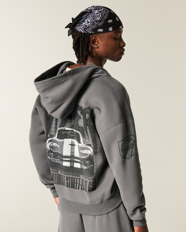 Boxy Dodge Viper Graphic Zip-Up Hoodie, Washed Dark Gray view 1