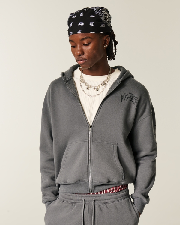 Boxy Dodge Viper Graphic Zip-Up Hoodie, Washed Dark Gray view 2