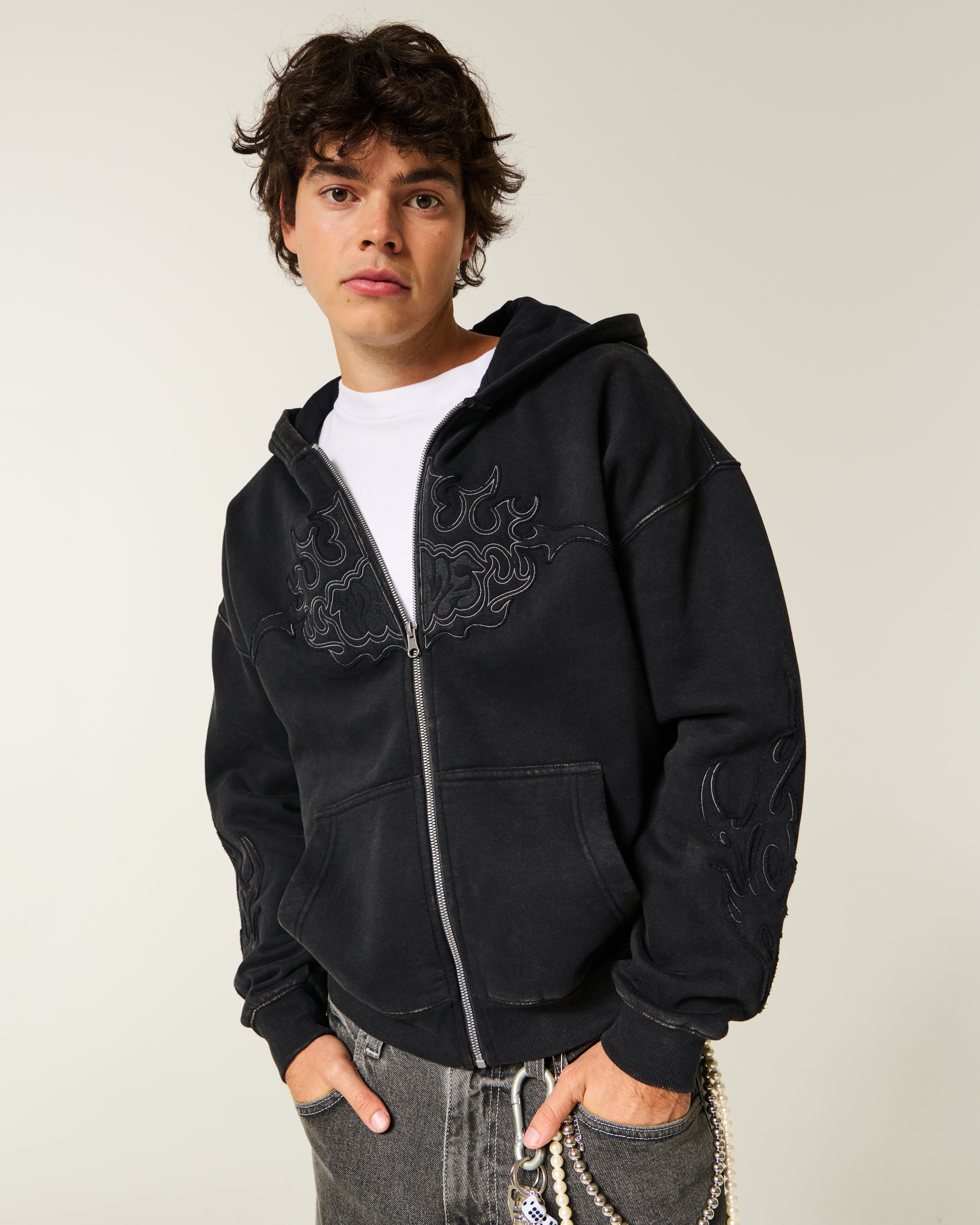 Boxy Zip-Up Flame Graphic Hoodie