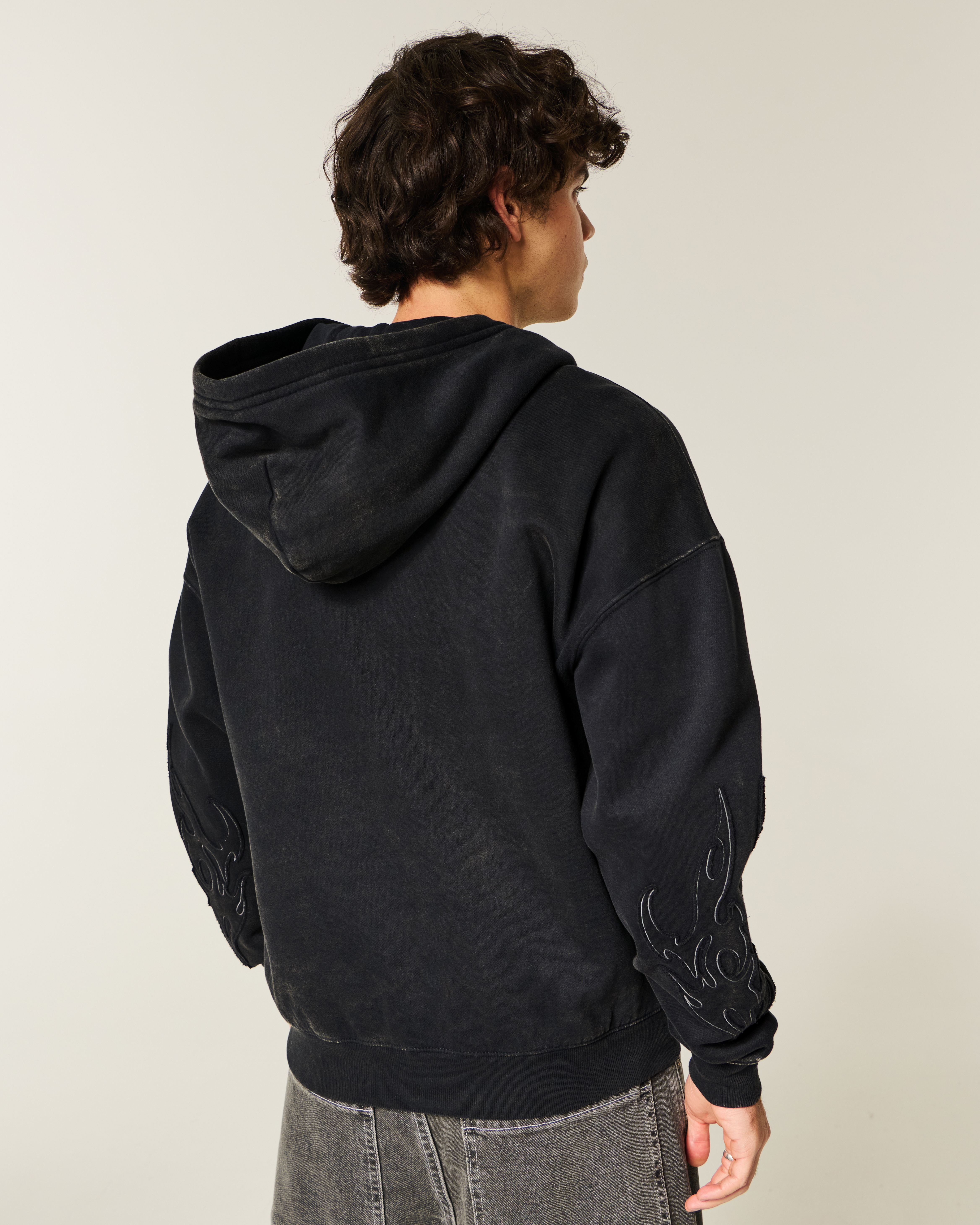 Boxy Zip-Up Flame Graphic Hoodie
