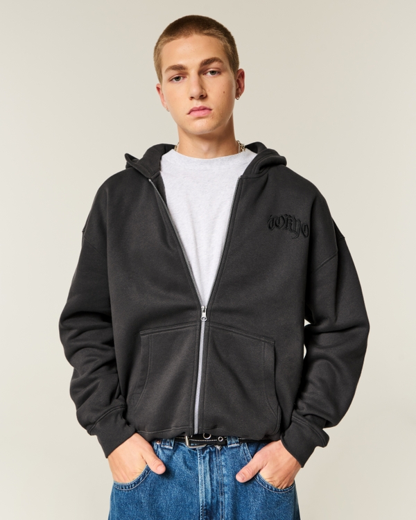 Boxy Zip-Up Tokyo Graphic Hoodie, Faded Black view 1