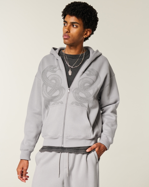Boxy Zip-Up Double Snake Graphic Hoodie, Gray view 1