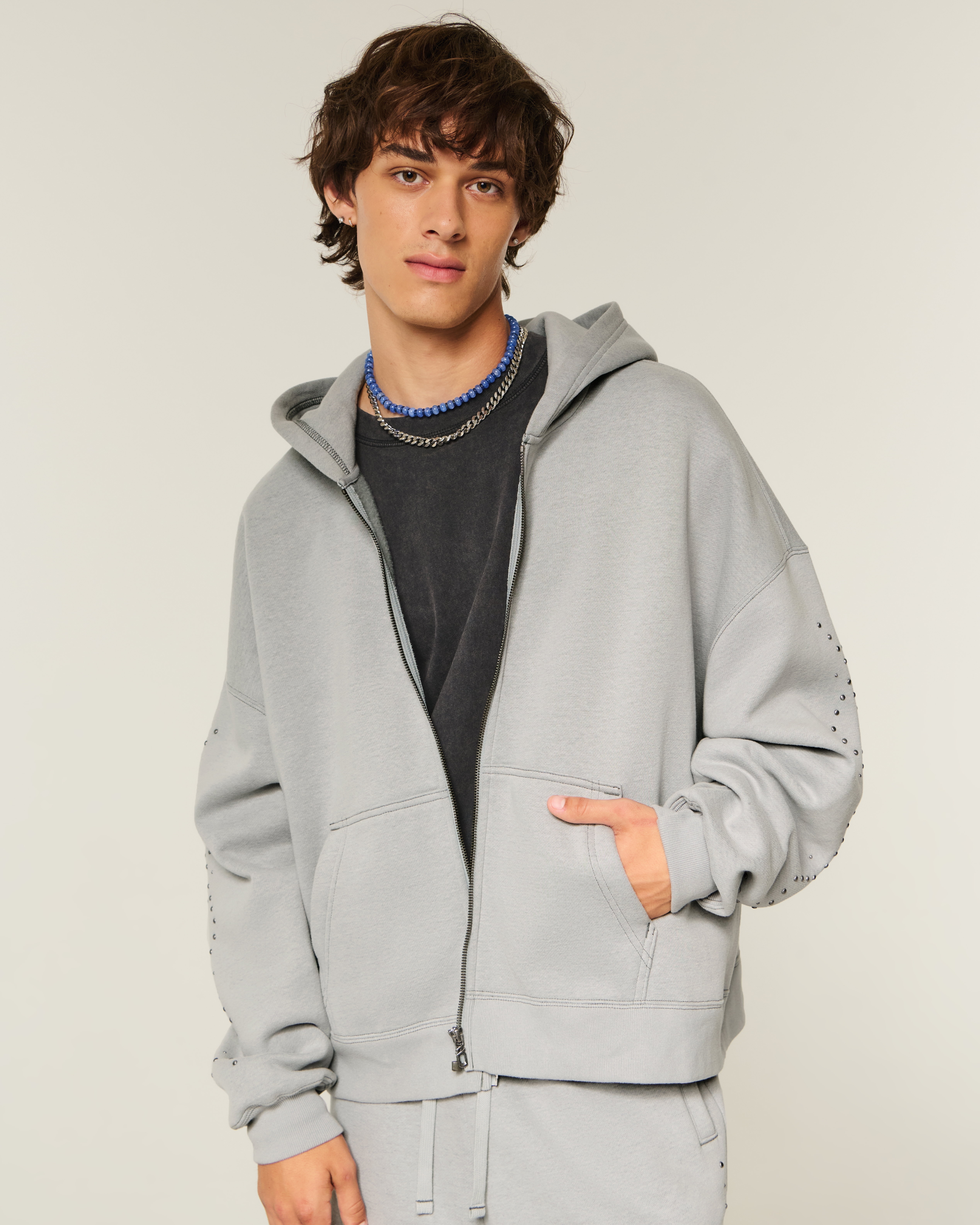 Rectangle Fit Studded Zip-Up Hoodie