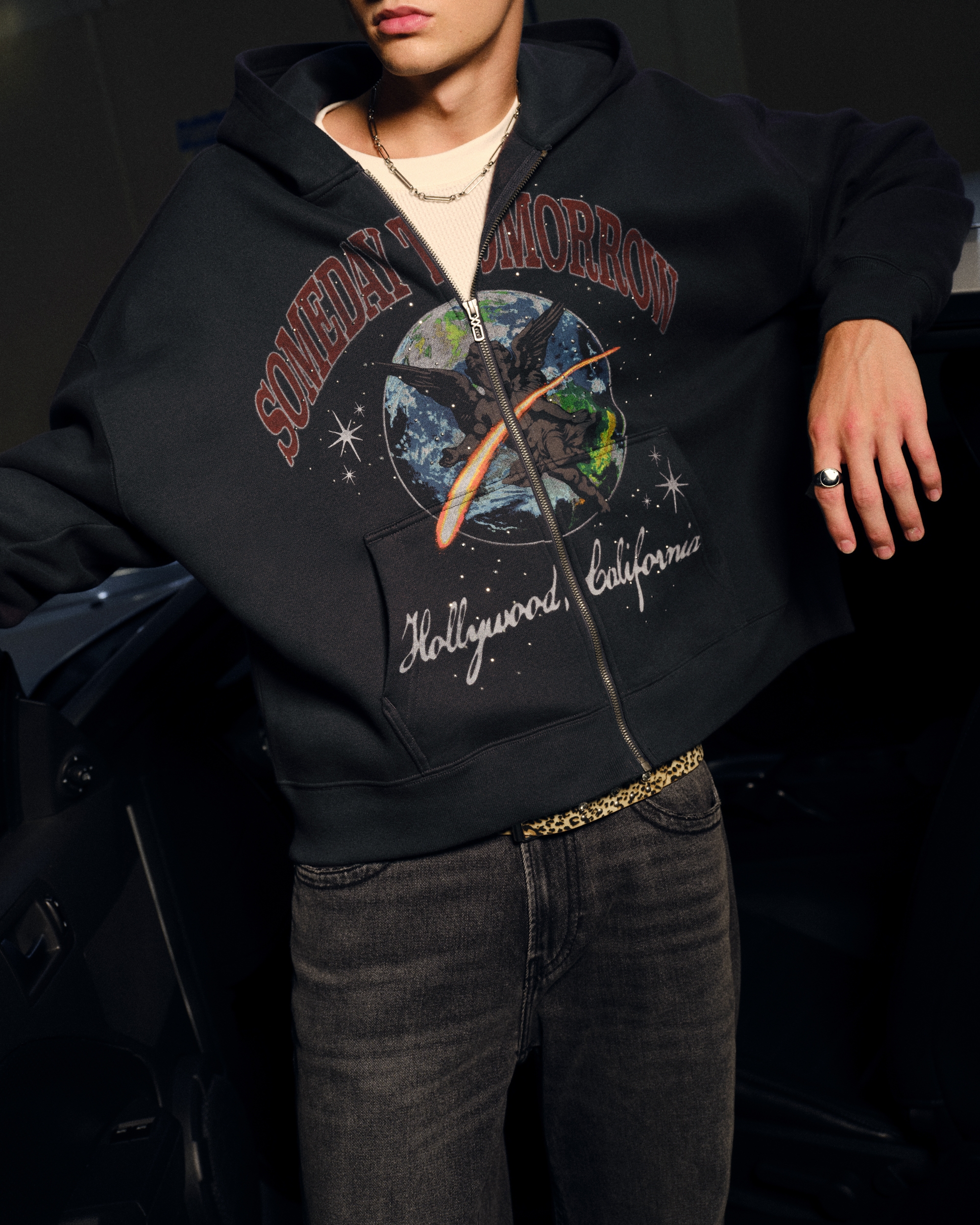 Rectangle Fit Someday Tomorrow Graphic Embellished Zip-Up Hoodie