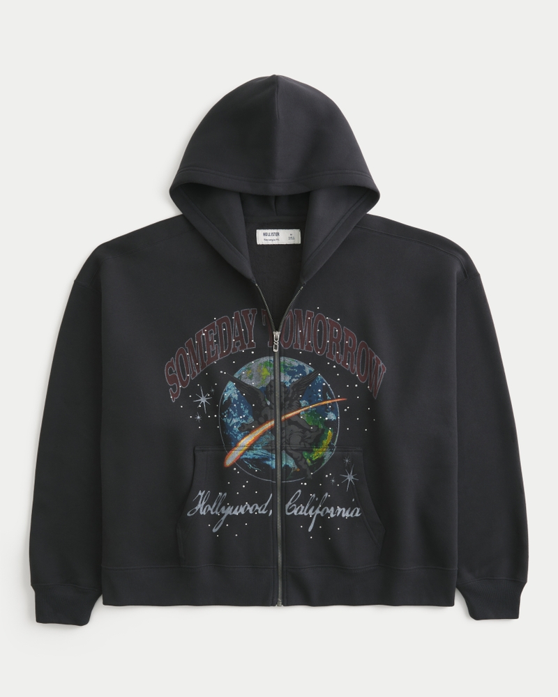 Rectangle Fit Someday Tomorrow Graphic Embellished Zip-Up Hoodie