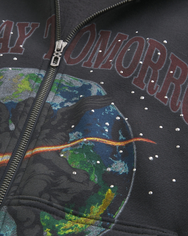 Rectangle Fit Someday Tomorrow Graphic Embellished Zip-Up Hoodie