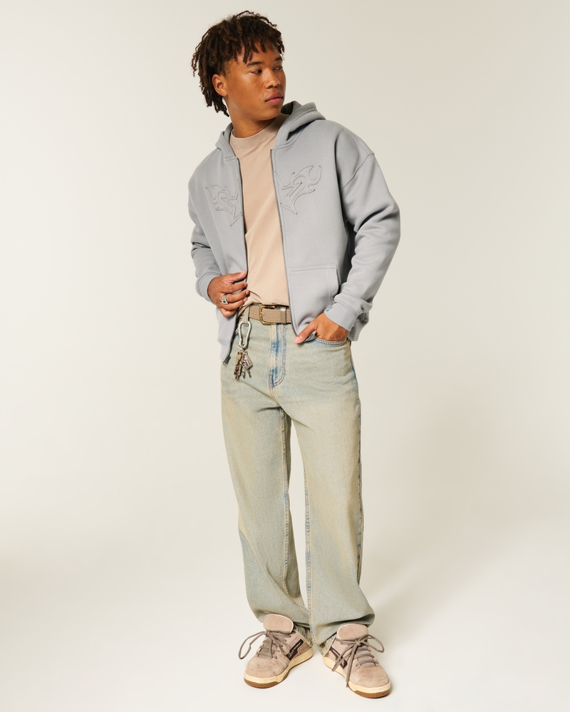 Boxy Star Flame Graphic Zip-Up Hoodie