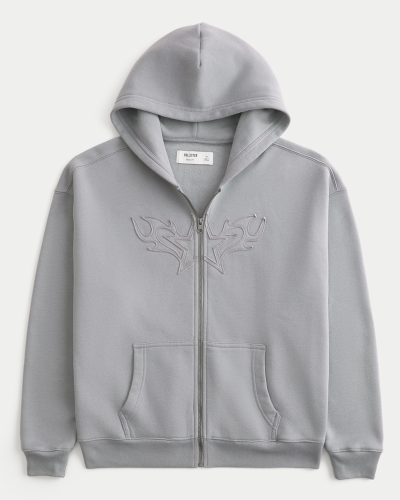 Boxy Star Flame Graphic Zip-Up Hoodie