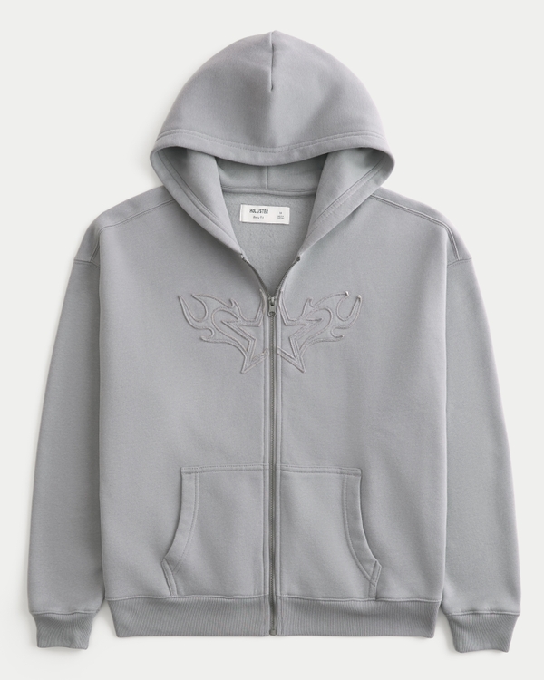 Boxy Star Flame Graphic Zip-Up Hoodie