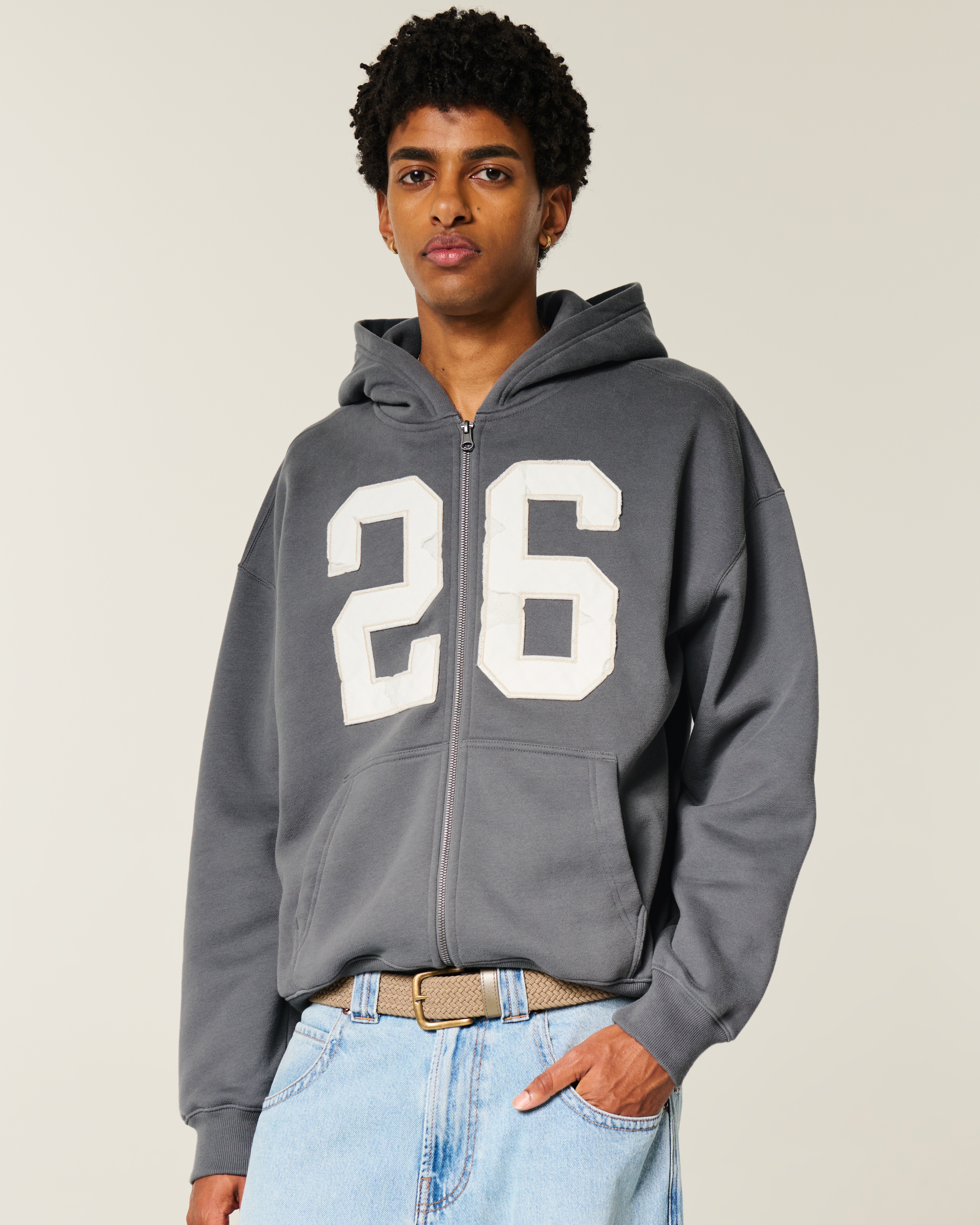Boxy Zip-Up Number Graphic Hoodie