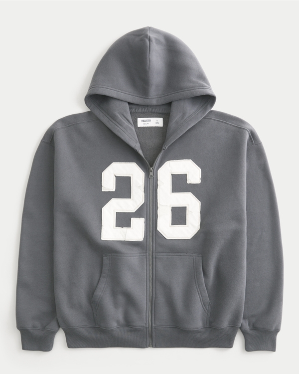 Men's Hollister Feel Good Boxy Zip-Up Number Graphic Hoodie