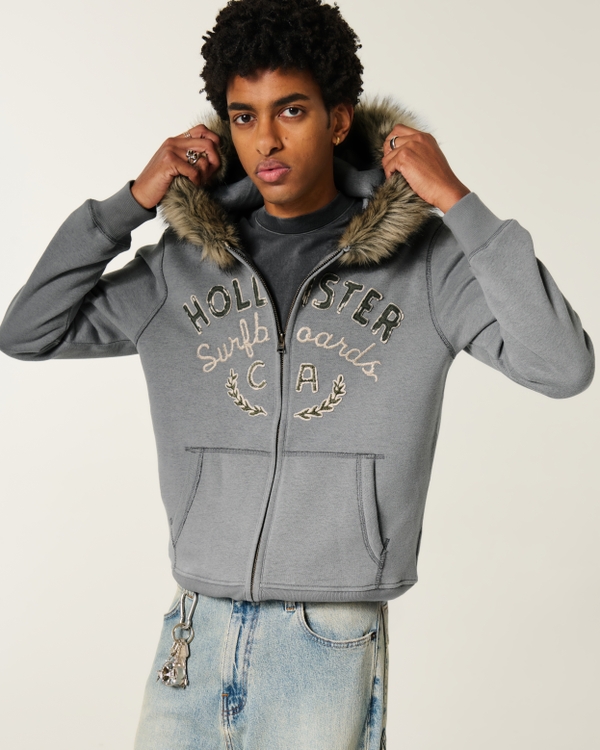 Faux Fur Trim Zip-Up Logo Graphic Hoodie