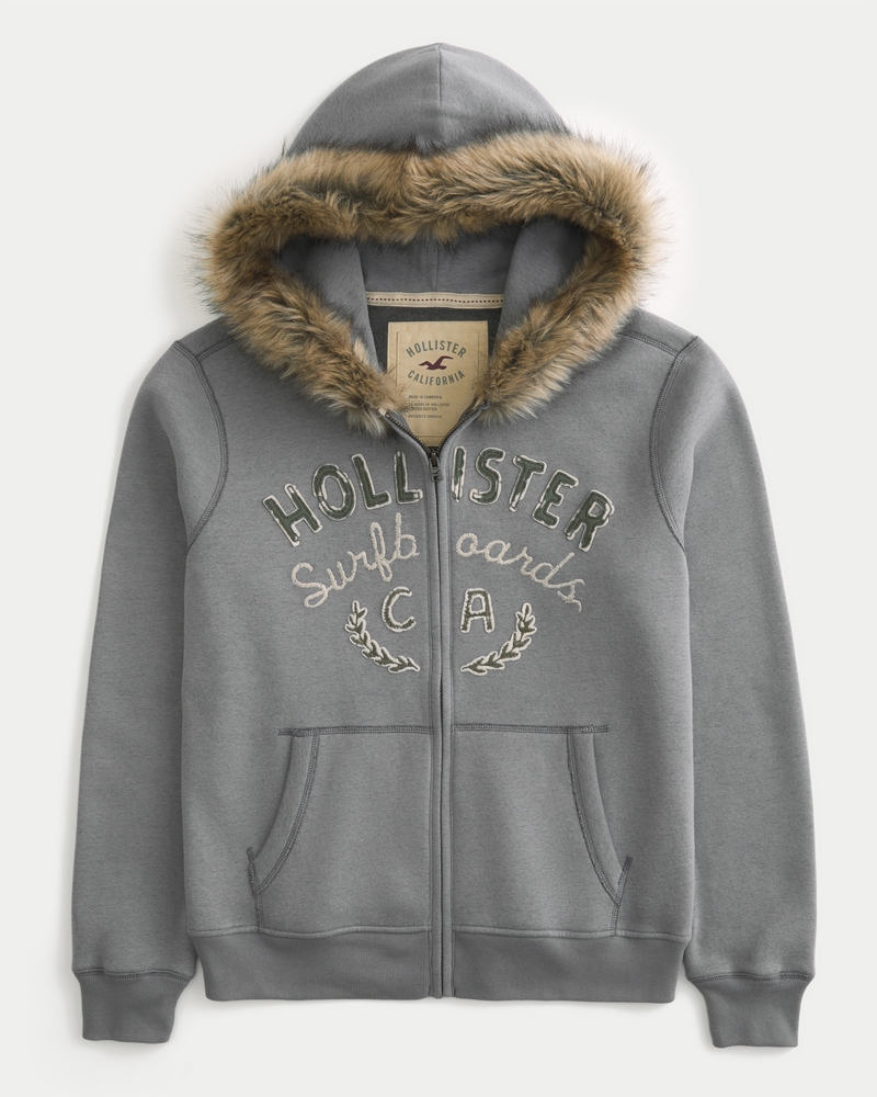 hollister フェイクファートリム ジップアップフーディー メンズ フェイクファートリム ジップアップ ロゴ グラフィック