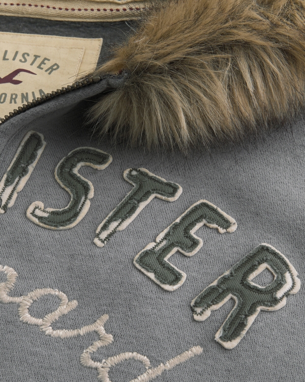 Faux Fur Trim Zip-Up Logo Graphic Hoodie