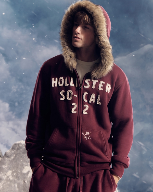 Faux Fur Trim Zip-Up Logo Graphic Hoodie, Burgundy view 1