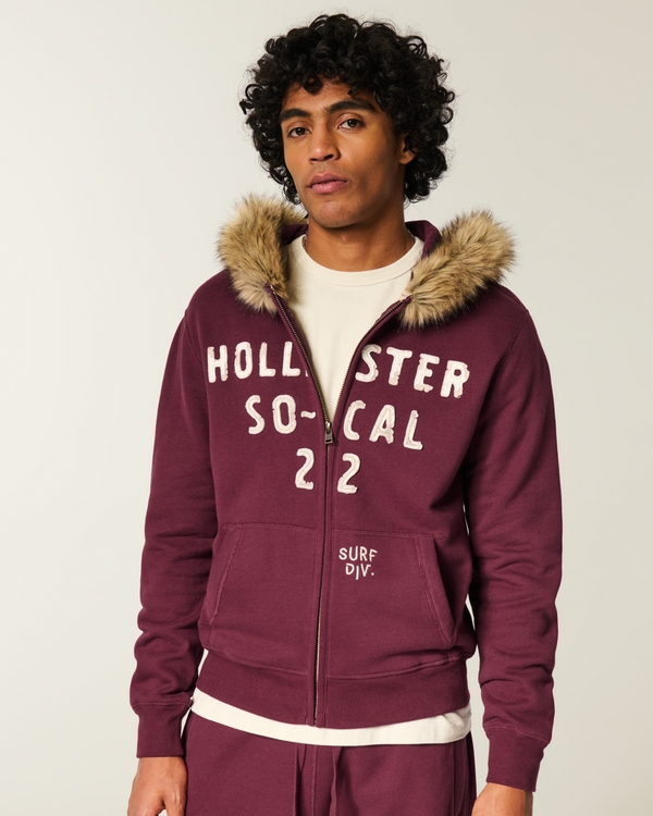 Faux Fur Trim Zip-Up Logo Graphic Hoodie