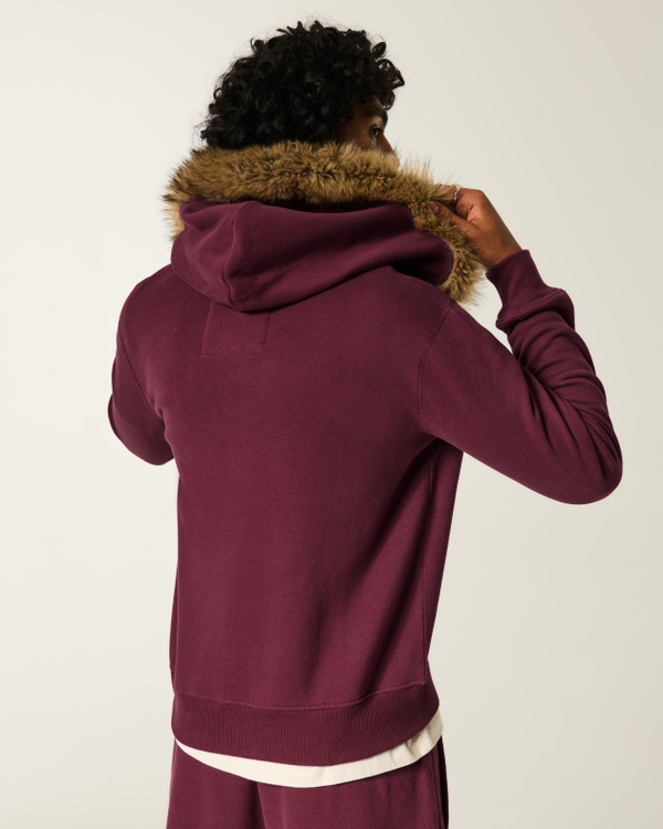 Faux Fur Trim Zip-Up Logo Graphic Hoodie