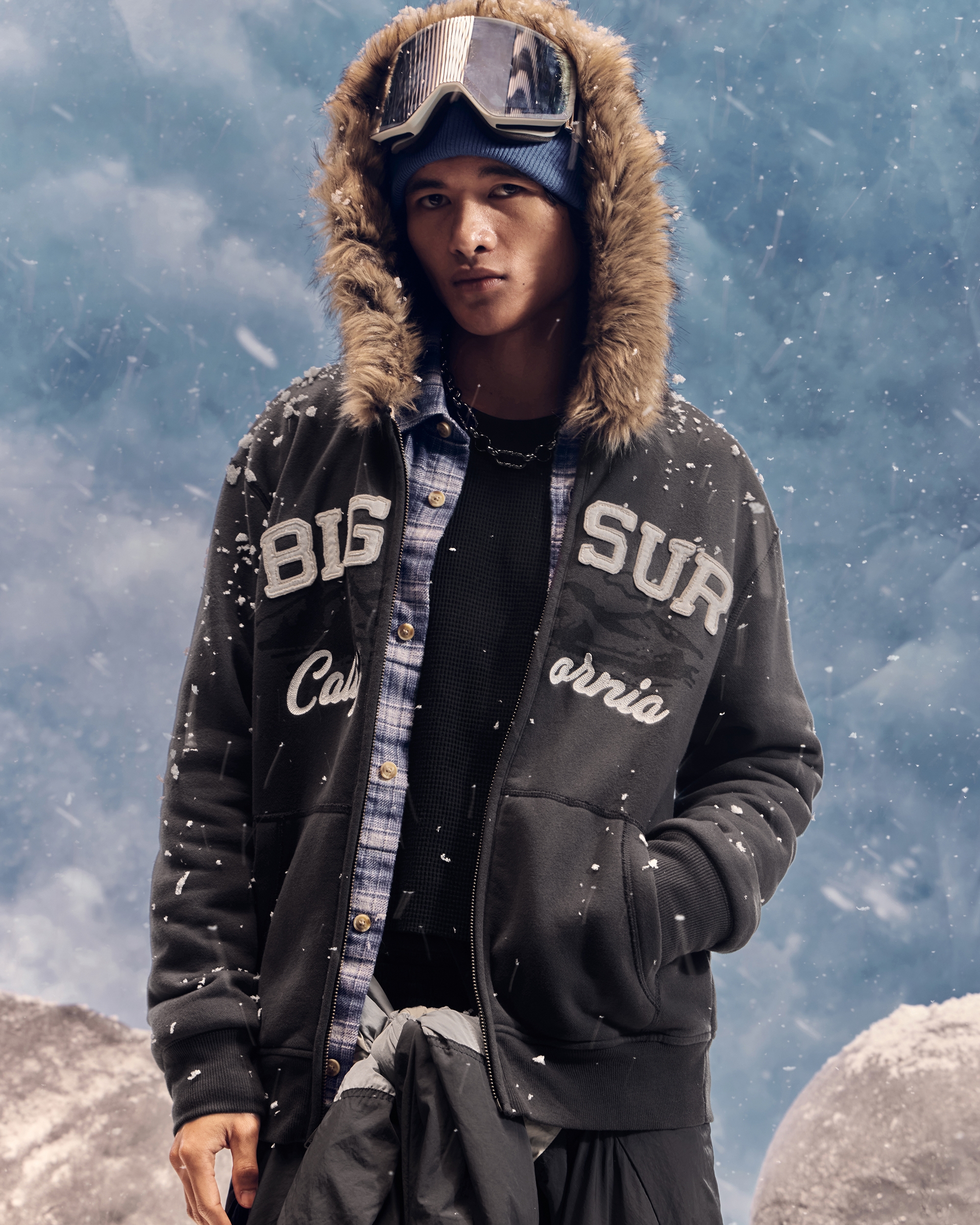 Faux Fur Trim Zip-Up Big Sur Graphic Hoodie