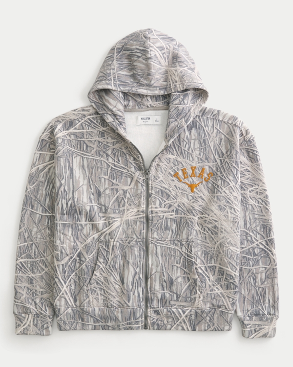 Boxy Zip-Up University of Texas at Austin Longhorns Graphic Hoodie, Cream Camo view 1