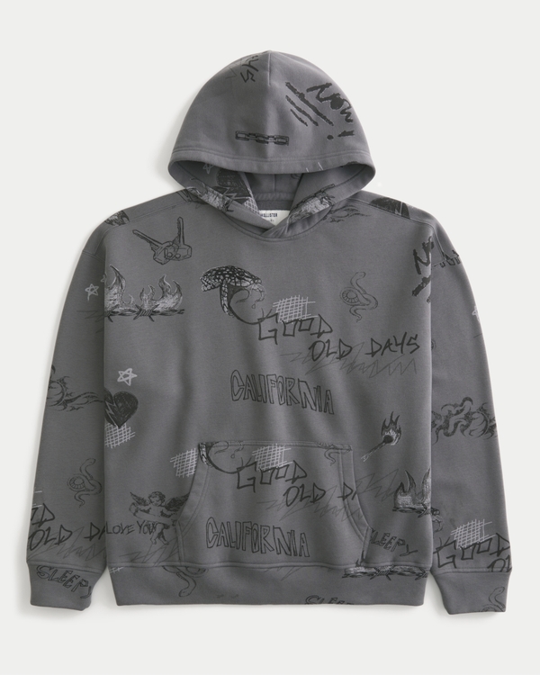 Boxy Graffiti Graphic Hoodie, Dark Gray Print view 1