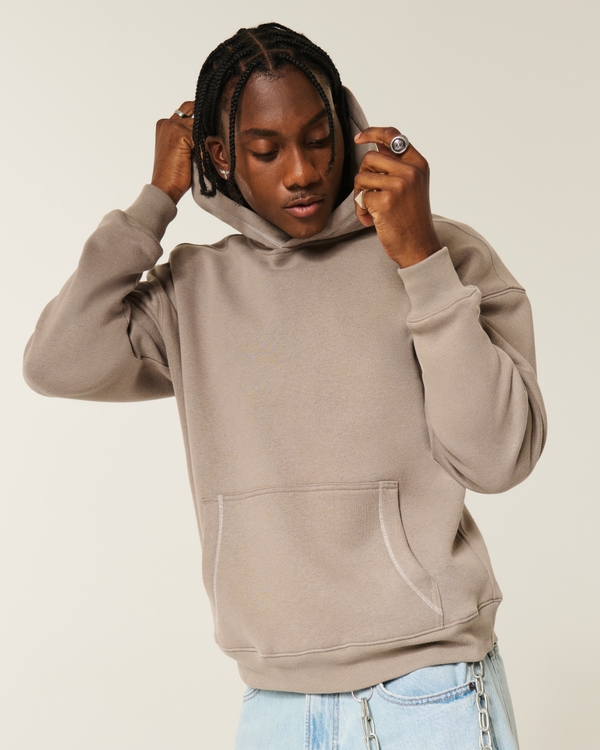 Boxy Contrast Stitch Hoodie, Dark Tan view 1
