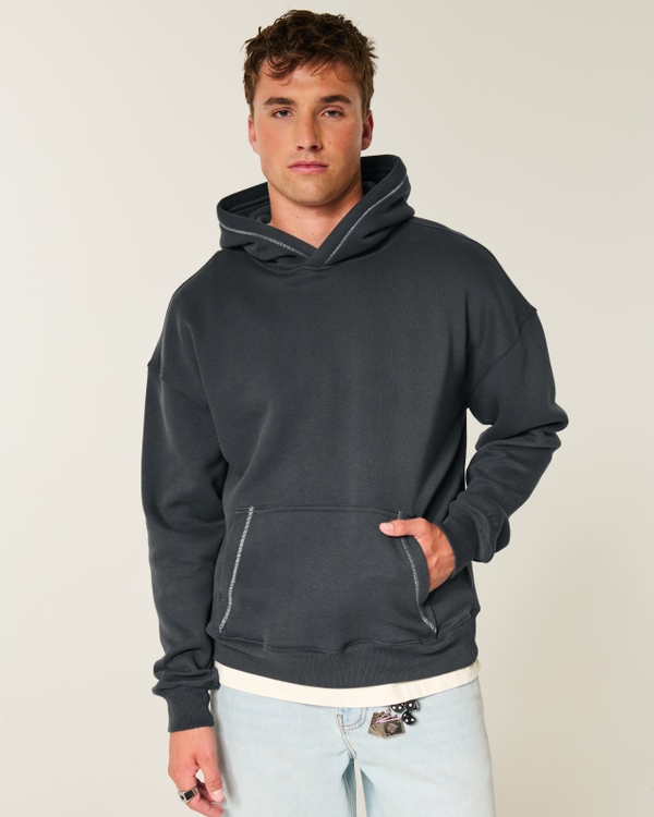 Boxy Contrast Stitch Hoodie, Faded Black view 1