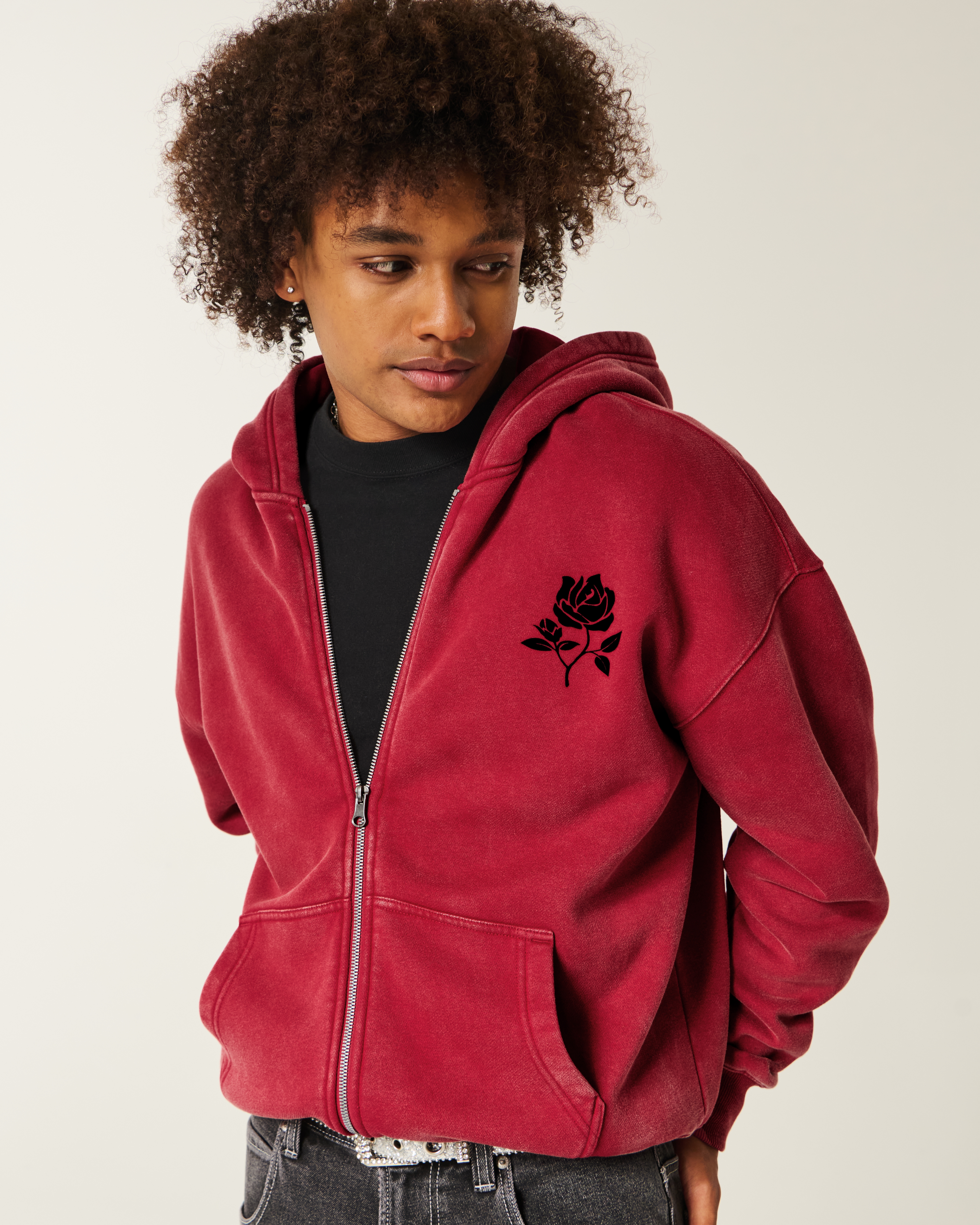 Boxy Rose Graphic Zip-Up Hoodie