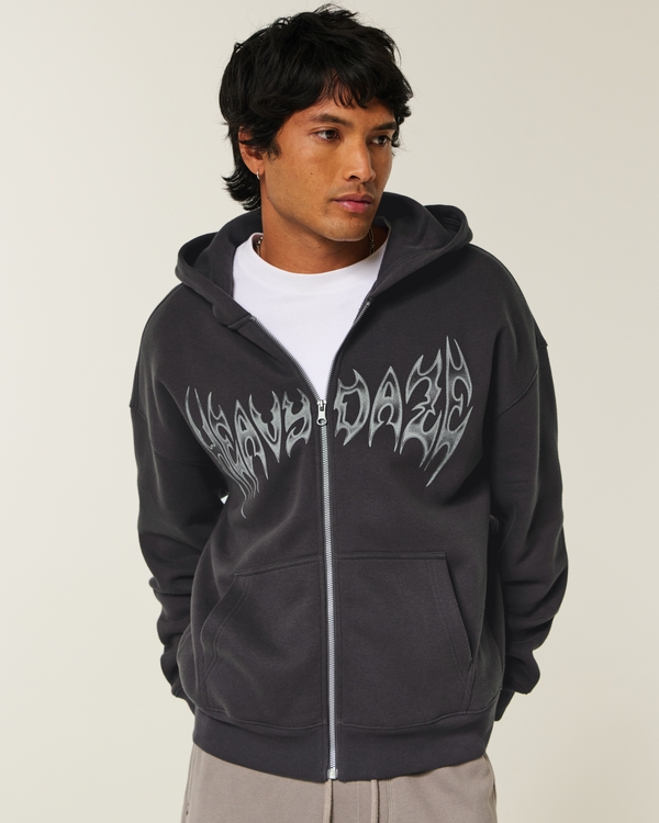 Boxy Heavy Daze Graphic Zip-Up Hoodie, Faded Black view 1