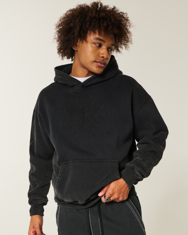 Boxy Embroidered Graphic Hoodie, Washed Black view 1