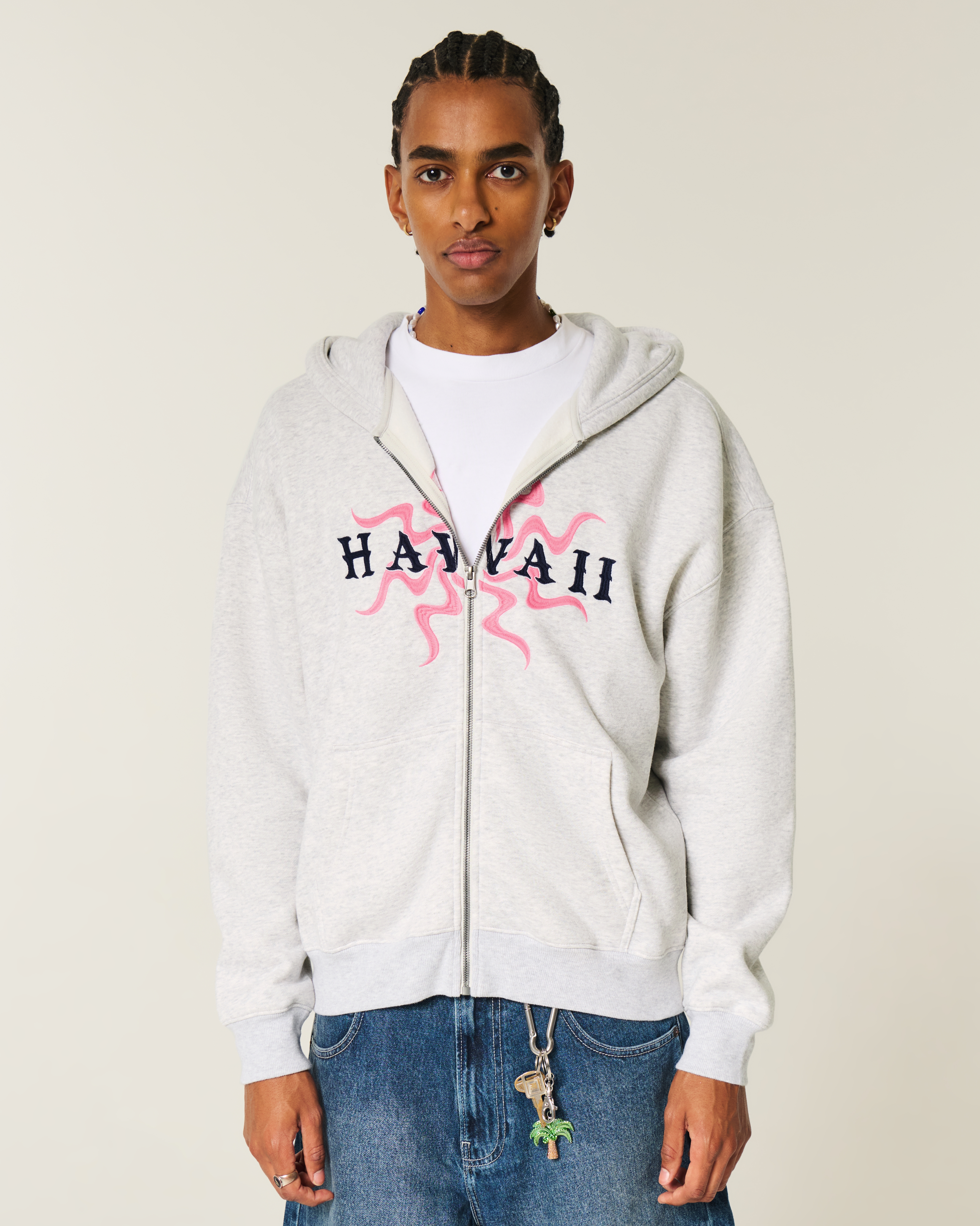 Boxy Hawaii Graphic Zip-Up Hoodie