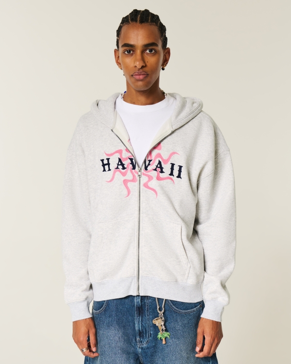 Boxy Hawaii Graphic Zip-Up Hoodie, Light Heather Gray view 1