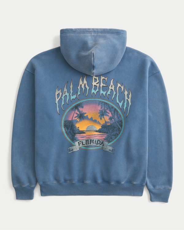 Boxy Palm Beach Graphic Zip-Up Hoodie, Washed Slate view 1