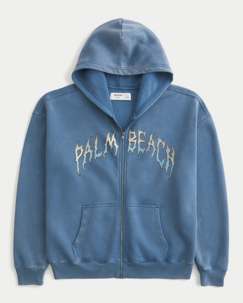Boxy Palm Beach Graphic Zip-Up Hoodie