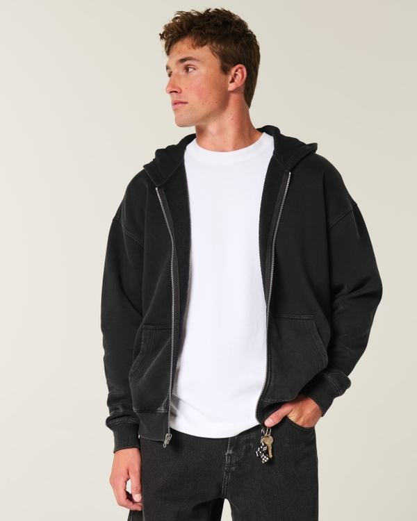 Boxy Zip-Up Hoodie, Washed Black view 1