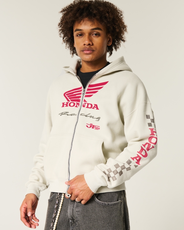 Boxy Honda Racing Graphic Zip-Up Hoodie, Cream view 1