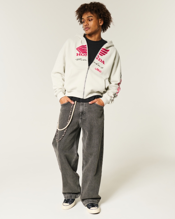 Boxy Honda Racing Graphic Zip-Up Hoodie, Cream view 2