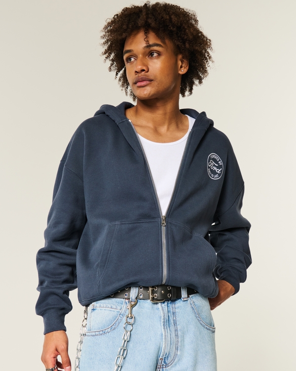 Boxy Ford Graphic Zip-Up Hoodie, Navy view 1