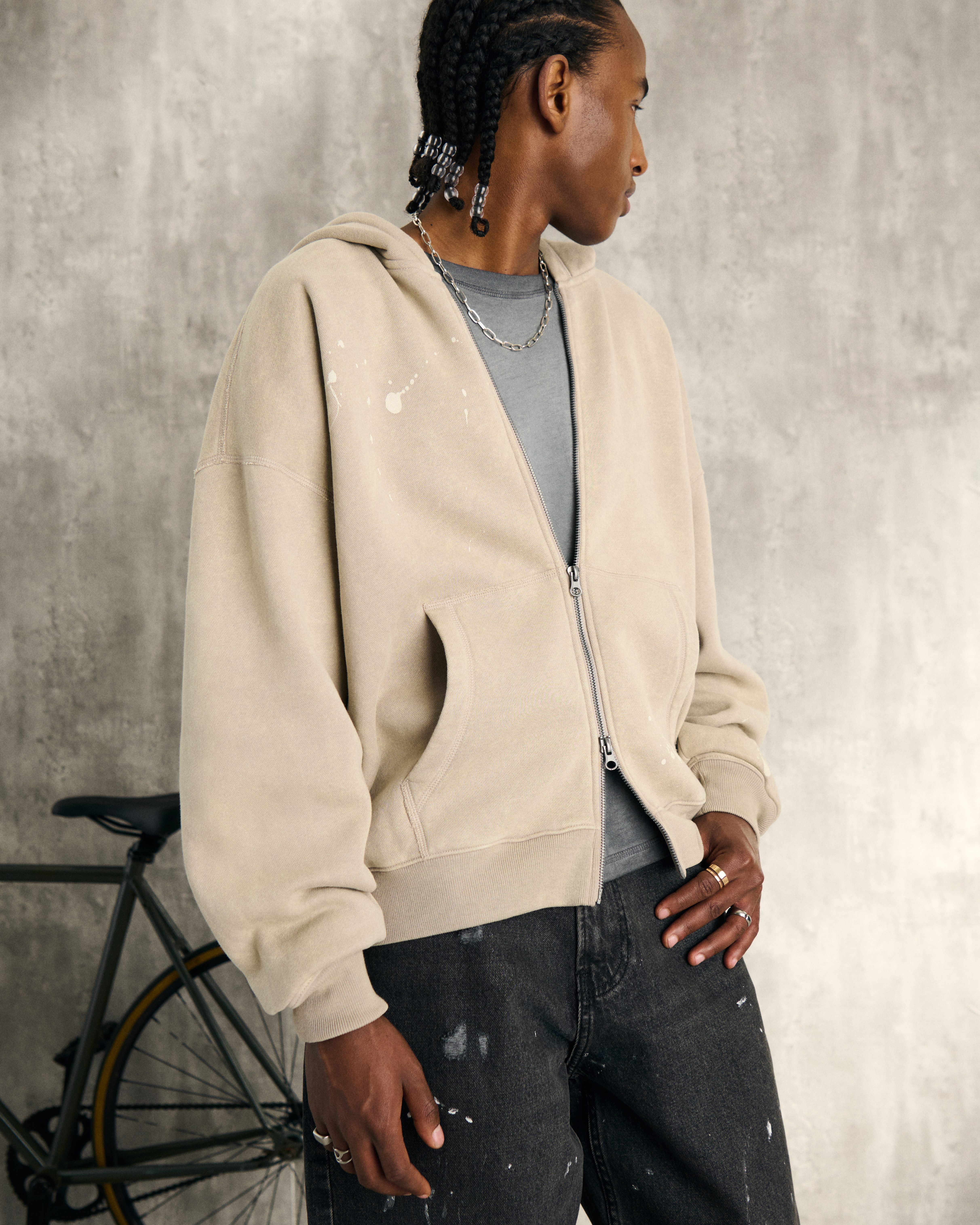 Baggy Cinch Paint Splatter Zip-Up Hoodie