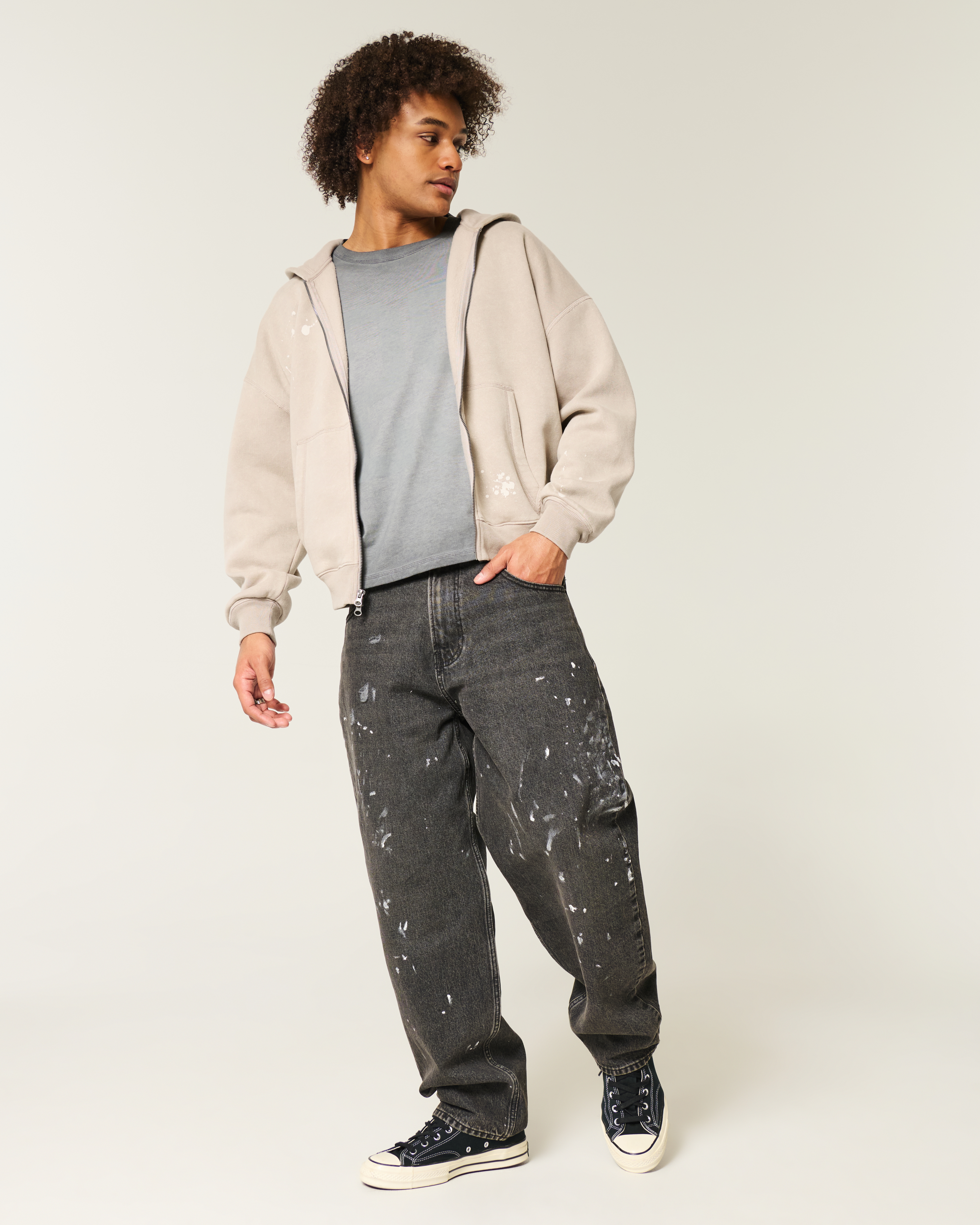 Men's Baggy Cinch Paint Splatter Zip-Up Hoodie | Men's