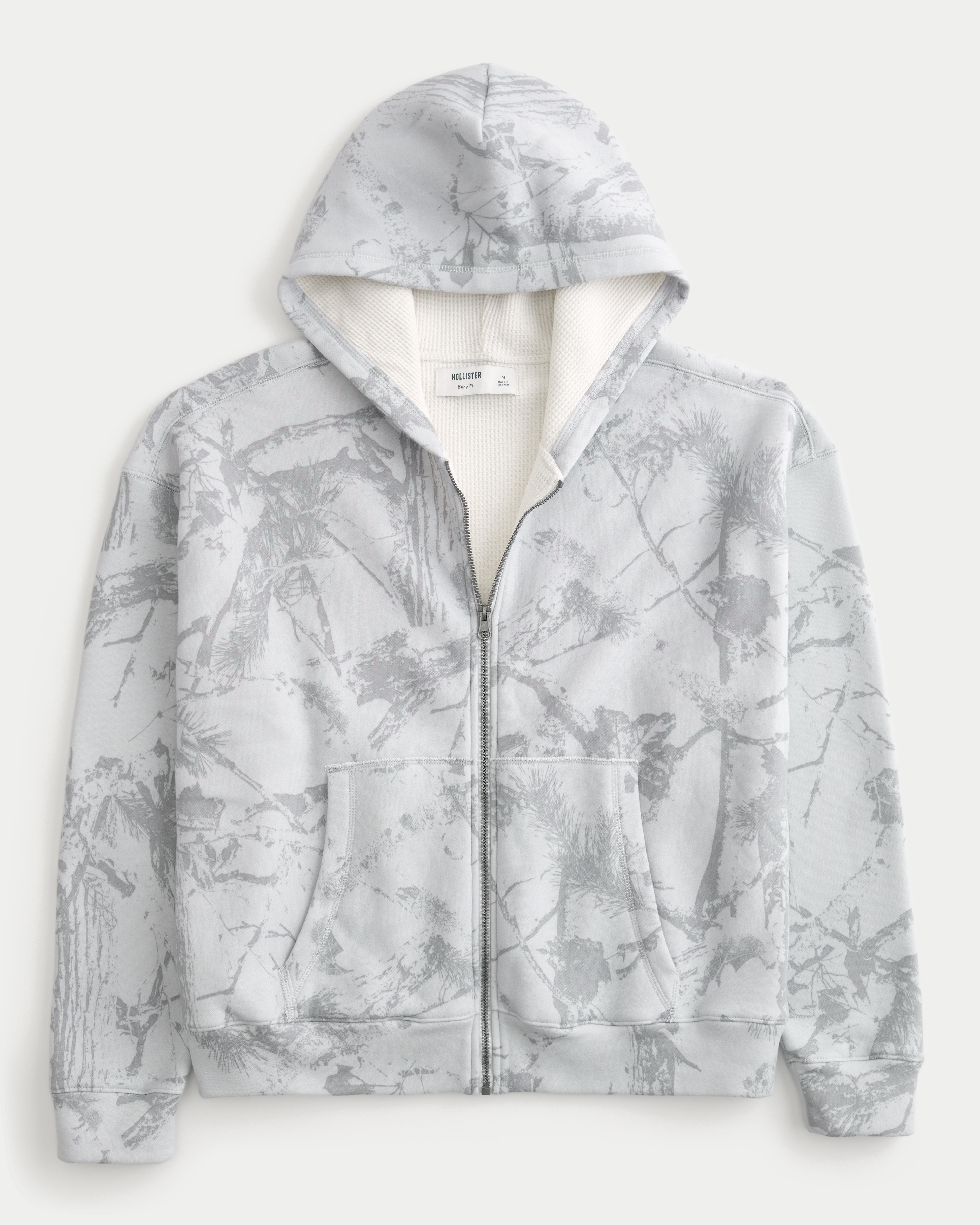 Boxy Waffle-Lined Zip-Up Hoodie