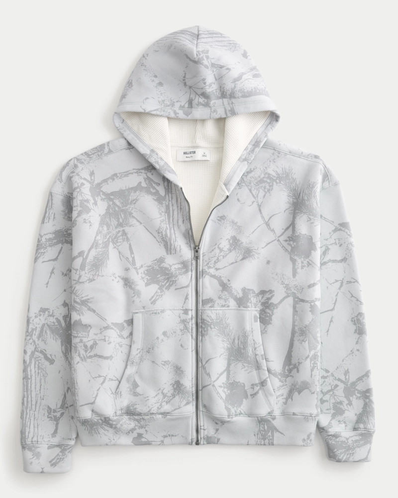 Boxy Waffle-Lined Zip-Up Hoodie