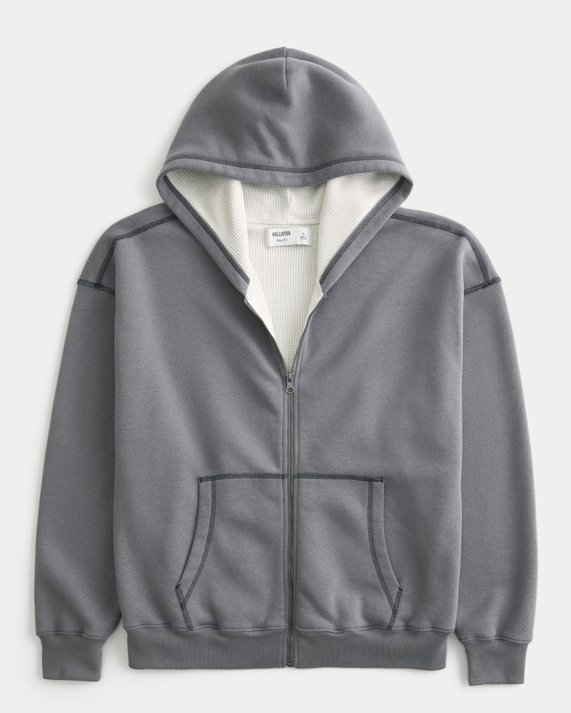 Men's Boxy Waffle-Lined Zip-Up Hoodie | Men's Tops