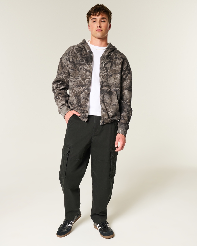 Boxy Waffle-Lined Zip-Up Hoodie