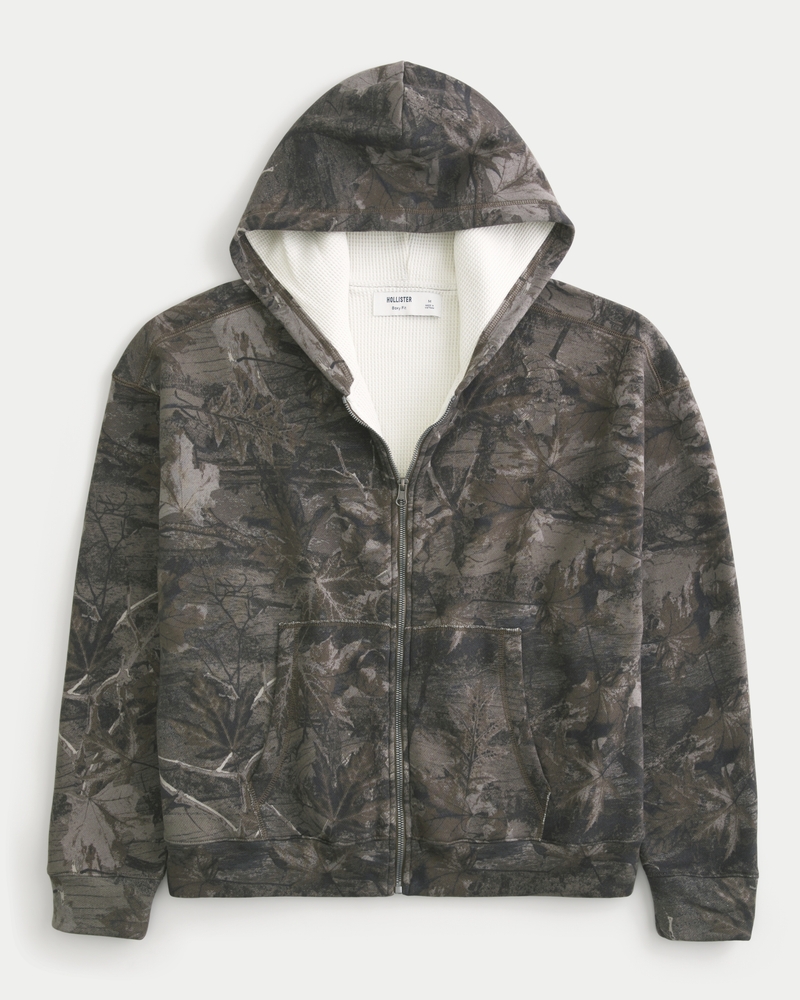 Boxy Waffle-Lined Zip-Up Hoodie